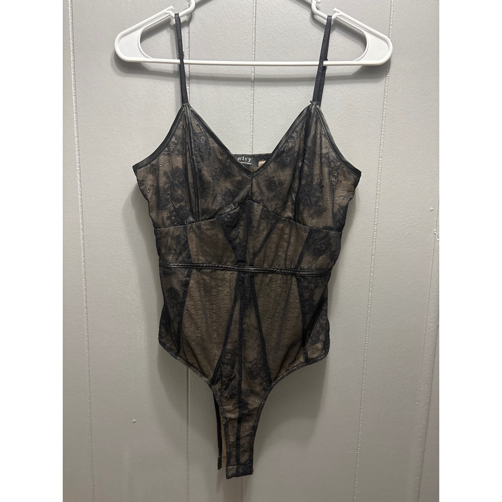 Privy Black Nude Mesh Bodysuit Large V-Neck  L